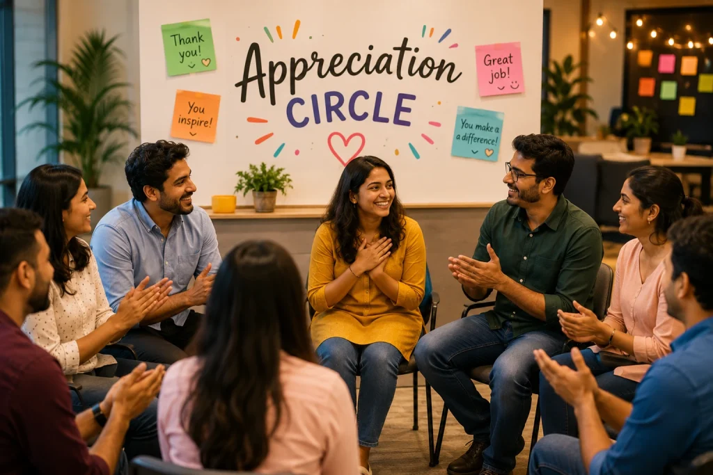 Team members sitting in a circle for an Appreciation Circle office activity, smiling and clapping to show support and workplace gratitude.