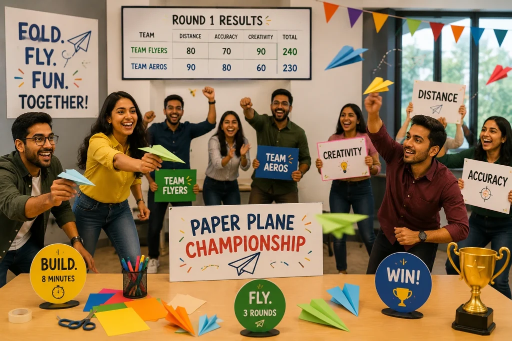 Office employees celebrating during a Paper Plane Championship, holding scorecards and cheering with paper planes on the table, highlighting creative and competitive workplace fun