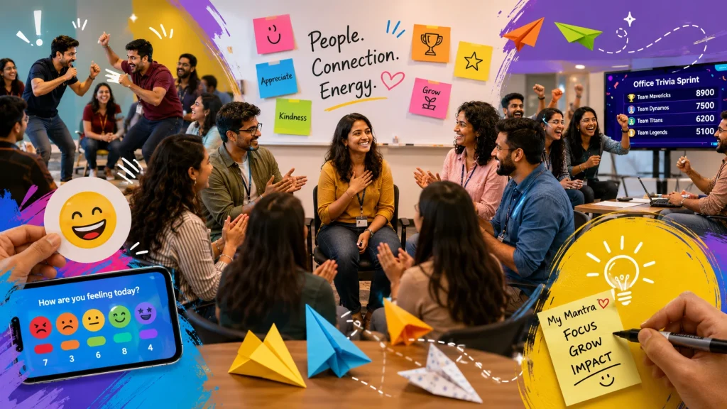 An engaging and vibrant engage4more blog banner illustrating 10 quick employee engagement ideas being performed by a diverse team in an office setting