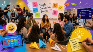 An engaging and vibrant engage4more blog banner illustrating 10 quick employee engagement ideas being performed by a diverse team in an office setting