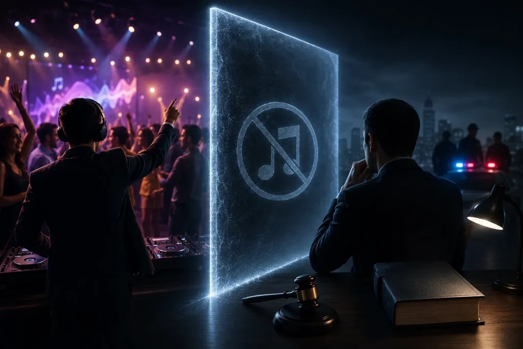A digital illustration showing a DJ performing on one side of a glass wall and a lawyer watching with a gavel, representing music copyright enforcement at events