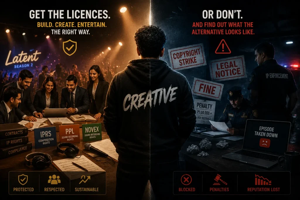 An infographic-style split screen showing the benefits of licensed music versus the legal penalties and copyright strikes for using unlicensed music at events