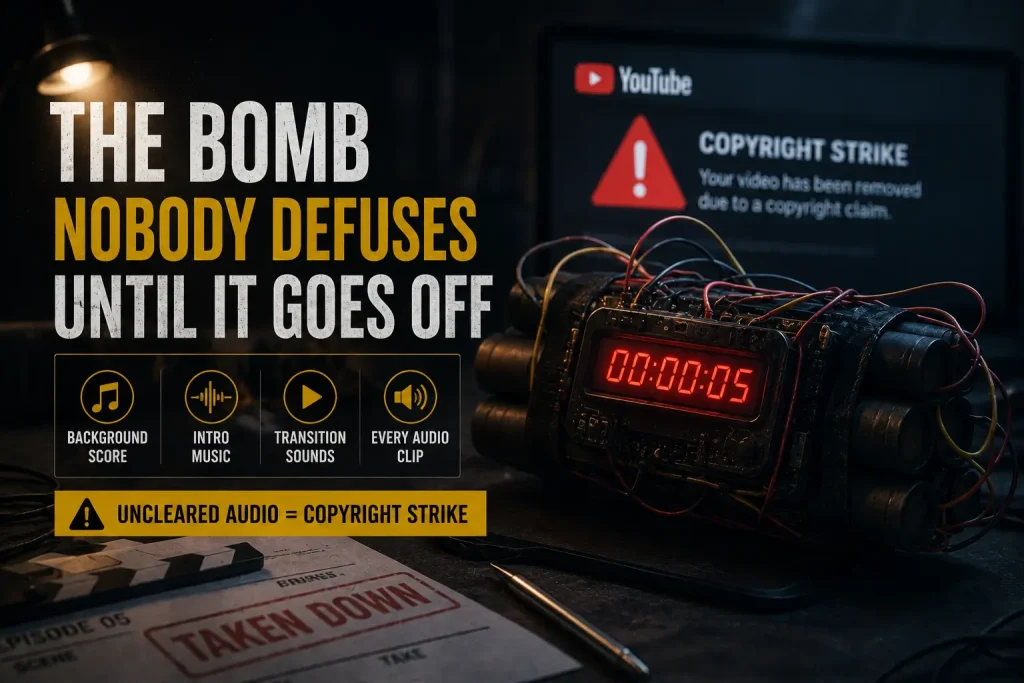 The Hidden Risks of Unlicensed Music in Digital Content A digital graphic of a bomb with a countdown timer representing the risk of a YouTube copyright strike due to unlicensed background music, intro music, and audio clips
